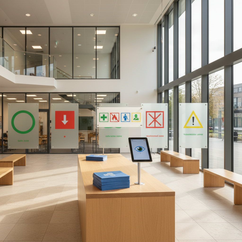 A contemporary Dutch secondary school entrance hall in photographic realism, focusing on a central information island with a neat stack of safety manuals, a digital incident reporting tablet on a stand, and a clearly visible sign with universal safety icons (no text). Surrounding this area are bright notice boards displaying color-coded safety zones, depicted only with shapes and symbols. Large windows let in diffused afternoon light, creating a welcoming glow on the light wood benches and stone floor. Captured from a slightly elevated angle, the image includes blurred background elements of classrooms and a staircase, hinting at the broader school. The mood is professional and transparent, suggesting a culture of prevention, de-escalation, and open communication about schoolveiligheid.