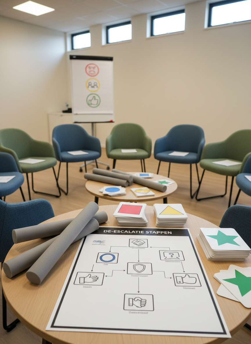 Trainingsruimte ingericht voor een agressie- en de-escalatietraining op een Nederlandse school